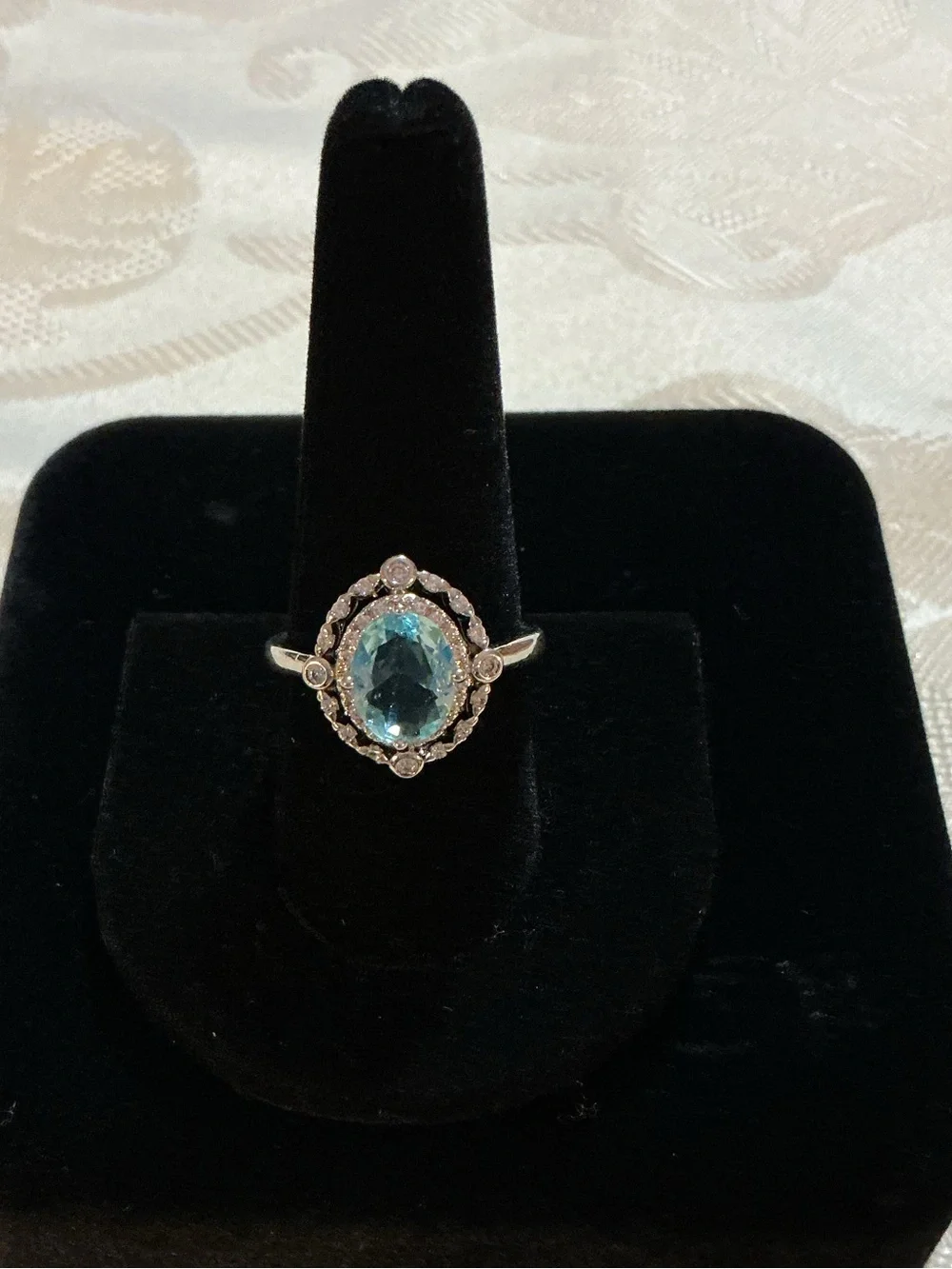 Lab Grown Aquamarine Oval Halo Vintage Inspired Silver Tone Statement Ring